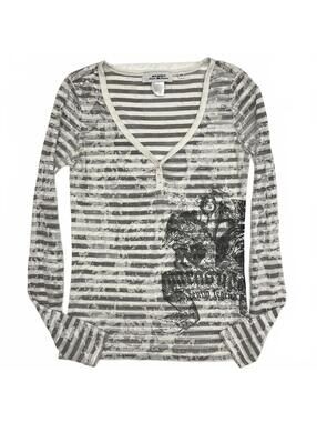 Y2K Parasuco White Grey Striped Long Sleeve Henley With Gothic Graphic Sz XS